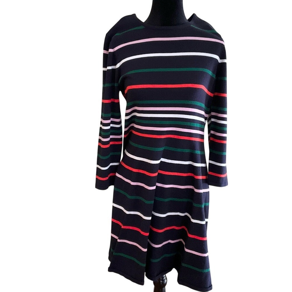 Vince Camuto Navy Multi Stripe‎ Knit A-Line Sweater Dress Crew Neck Preppy Chic